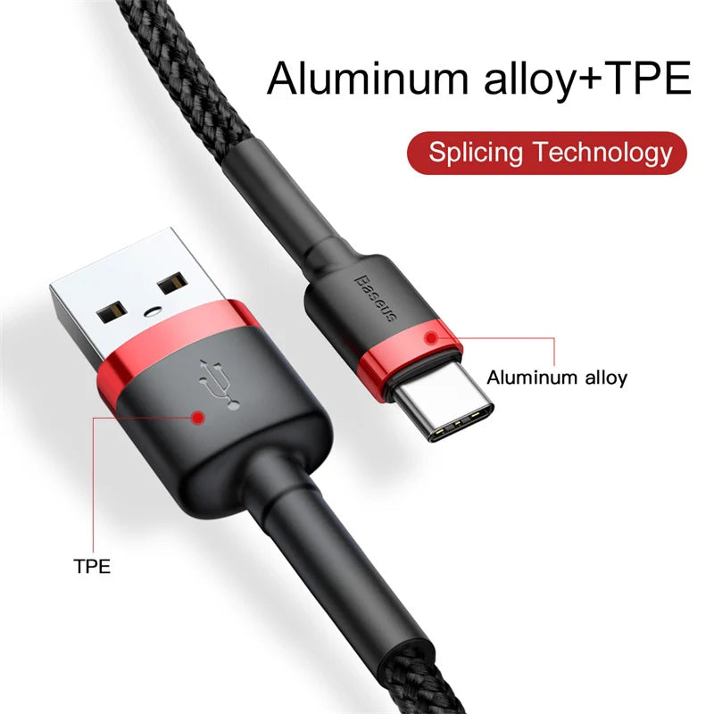 Baseus Type C Cable for Samsung S20 S22 Quick Charge 3.0 Cable USB C Fast Charging for Huawei P50 Xiaomi Mi 8 USB-C Charger Wire