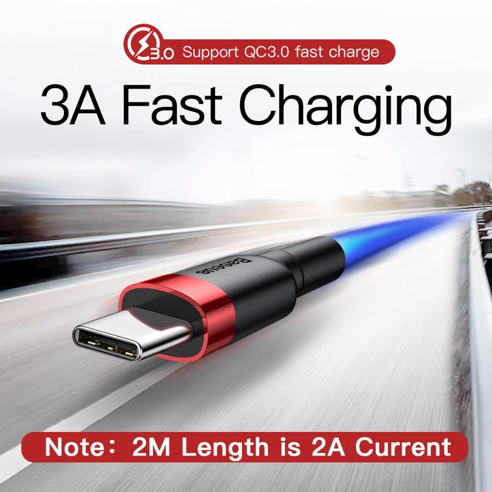 Baseus Type C Cable for Samsung S20 S22 Quick Charge 3.0 Cable USB C Fast Charging for Huawei P50 Xiaomi Mi 8 USB-C Charger Wire