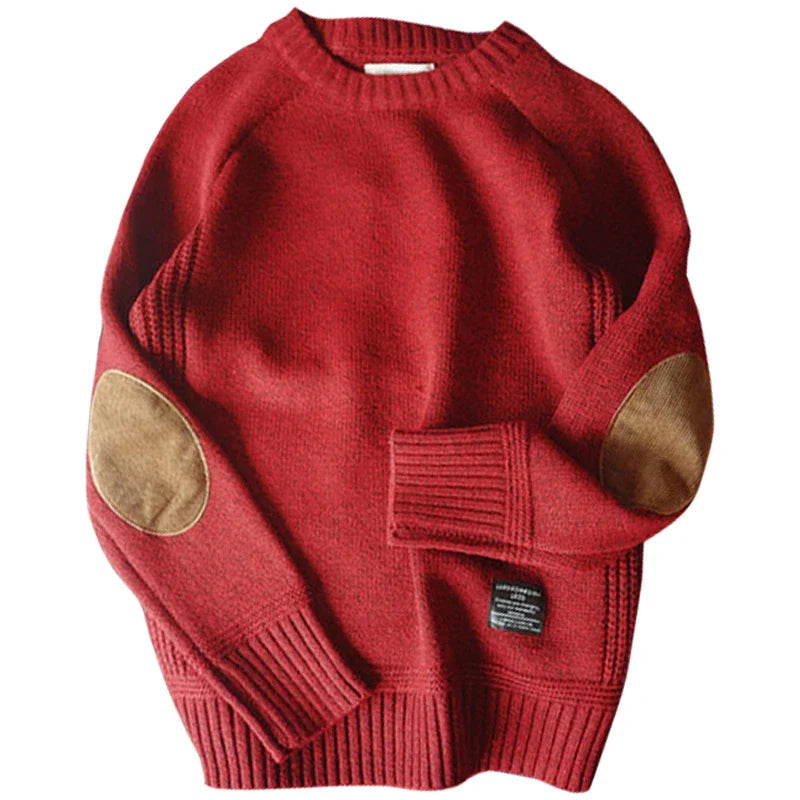 Men’s Thick Knit Sweater with Elbow Patches – Casual Oversized Pullover, Autumn Winter Crew Neck Knitwear (M–5XL)