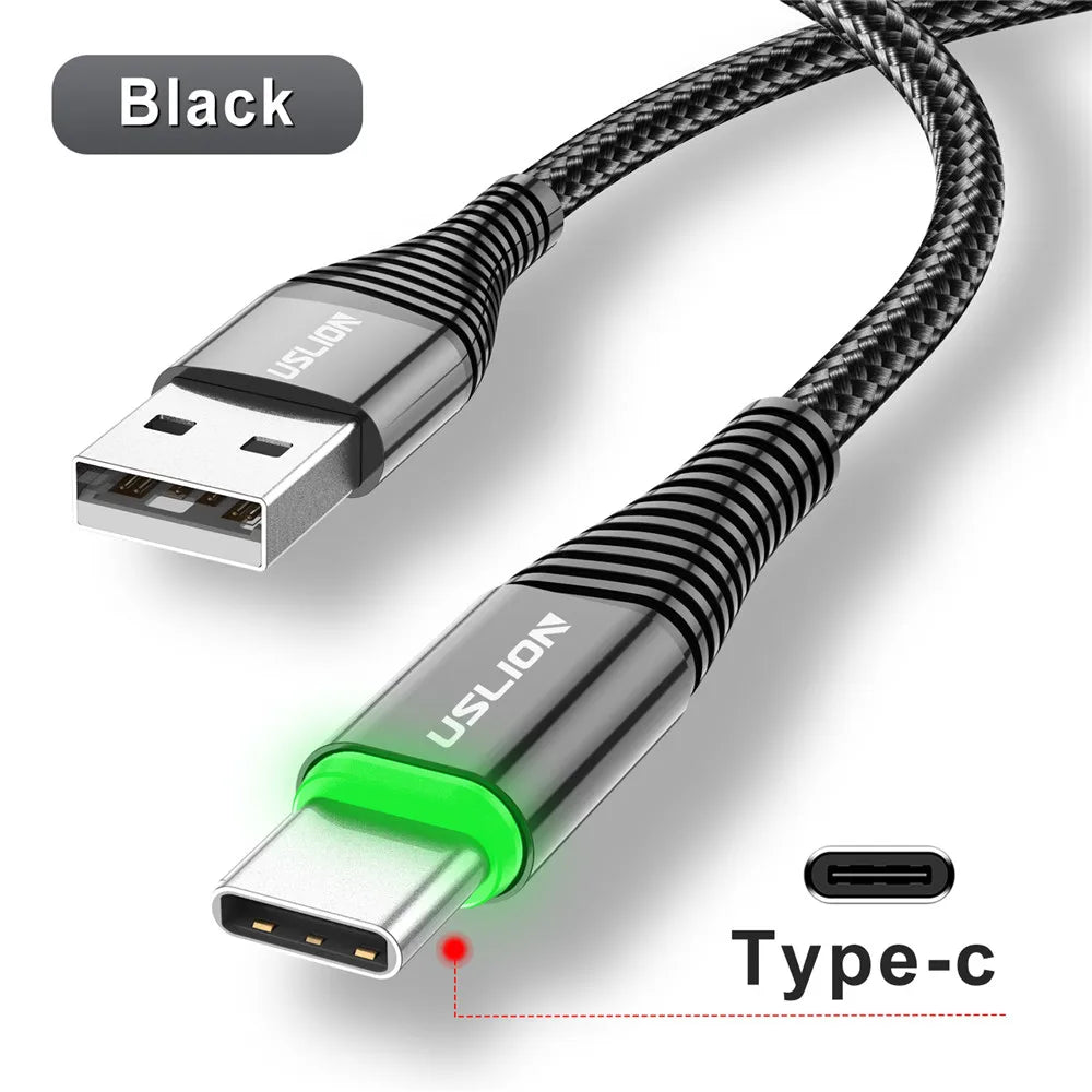 USLION LED 3A USB Type C Cable Micro USB Fast Charging Wire For Samsung Xiaomi Huawei Mobile phone Charge USB C Data Charge Cord