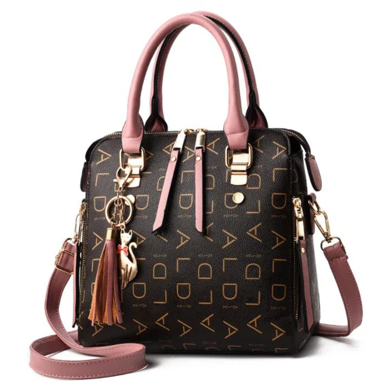 Fashion English Letter Handbag Women PU Leather Tassel Top-Handle Bag Luxury Shoulder Bag Large Capacity Lady Tote Design Purse