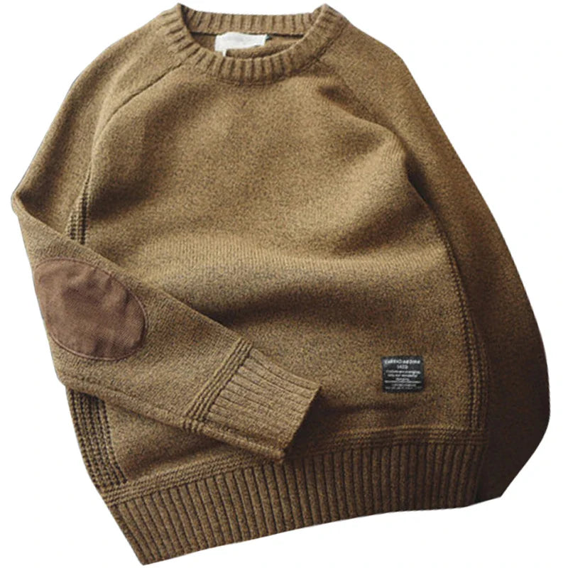 Men’s Thick Knit Sweater with Elbow Patches – Casual Oversized Pullover, Autumn Winter Crew Neck Knitwear (M–5XL)