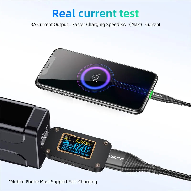 USLION 0.5m/1m/2m LED 3A USB Type C Cable Fast Charge Wire for Samsung Galaxy Xiaomi Huawei Note 7 Data USB-C Cable Charger Cord