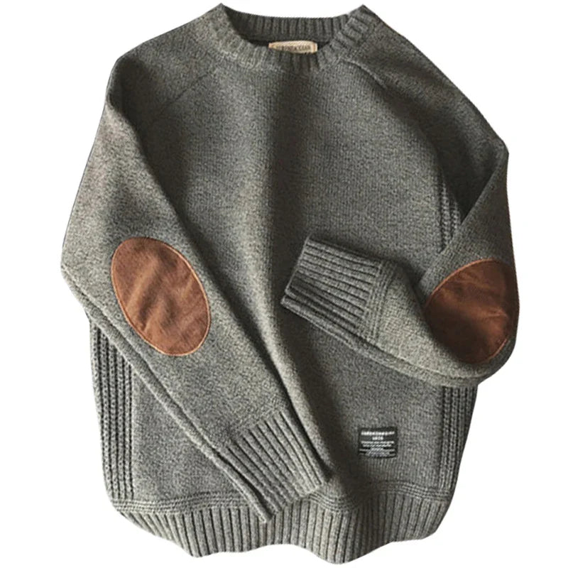 Men’s Thick Knit Sweater with Elbow Patches – Casual Oversized Pullover, Autumn Winter Crew Neck Knitwear (M–5XL)