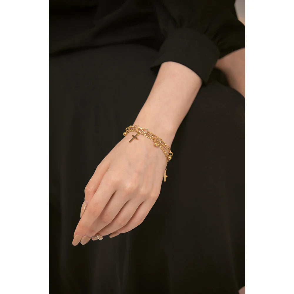 Yhpup Stainless Steel Cross Layered Bracelet for Women Charm Metal 14 K Plated Trendy Golden Wrist Unique Design Jewelry брелок