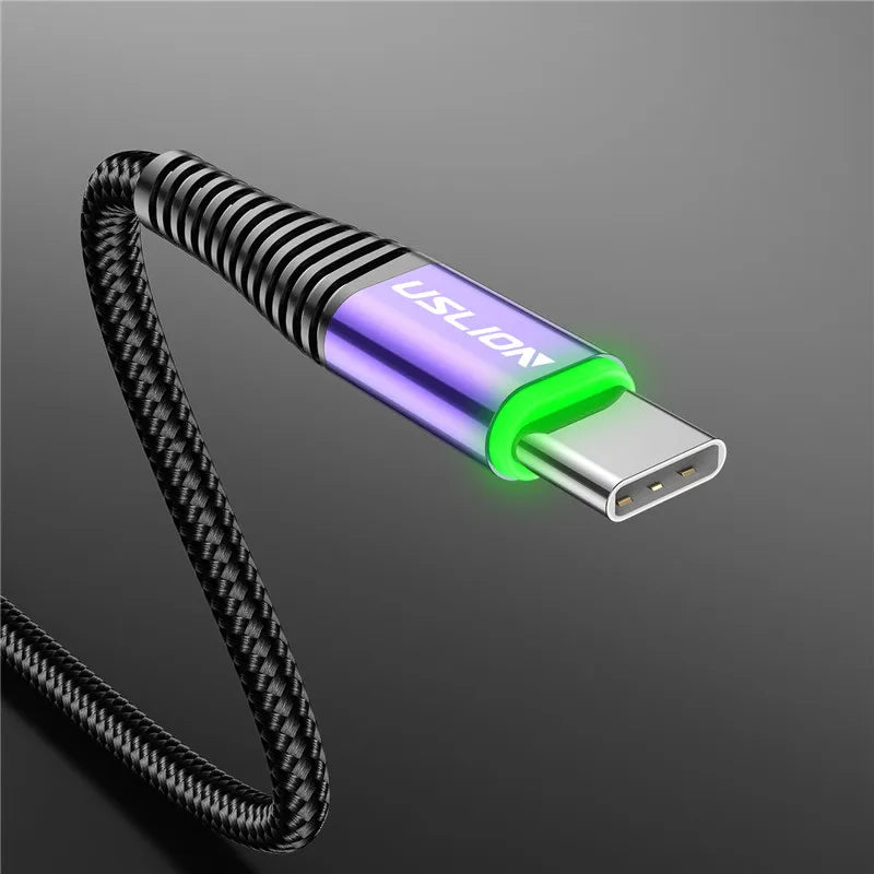 USLION 0.5m/1m/2m LED 3A USB Type C Cable Fast Charge Wire for Samsung Galaxy Xiaomi Huawei Note 7 Data USB-C Cable Charger Cord