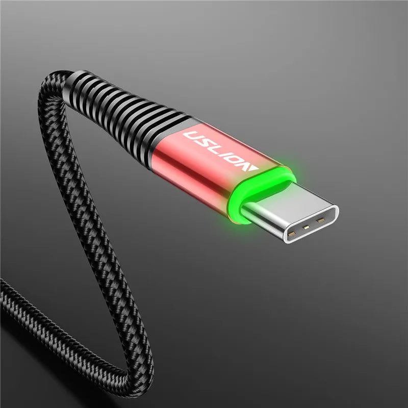 USLION 0.5m/1m/2m LED 3A USB Type C Cable Fast Charge Wire for Samsung Galaxy Xiaomi Huawei Note 7 Data USB-C Cable Charger Cord