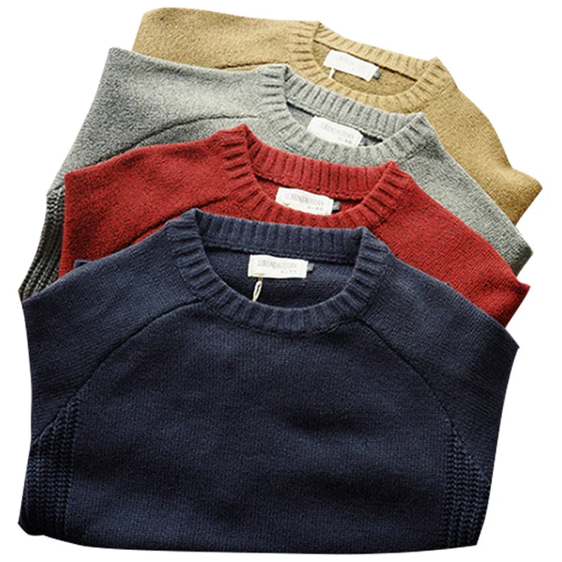 Men’s Thick Knit Sweater with Elbow Patches – Casual Oversized Pullover, Autumn Winter Crew Neck Knitwear (M–5XL)