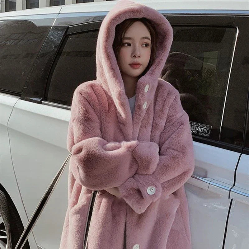 Winter Women's Faux Rabbit Fur Coat Hooded Thick And Plush Jacket