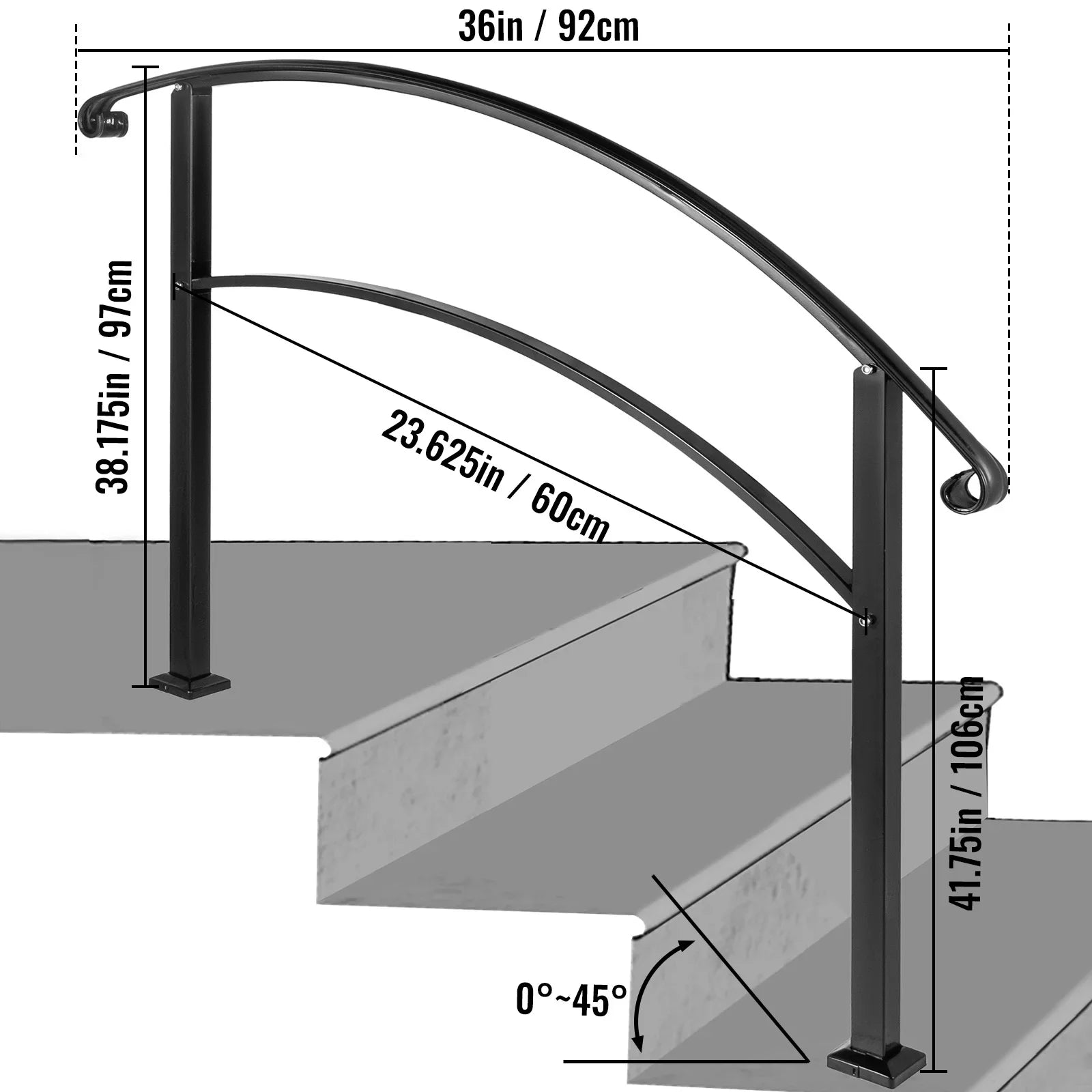 VEVOR Wrought Iron Handrail Fits 1 or 5 Steps with Installation Kit Hand Rails for Outdoor Steps Transition Handrail Stair Rail