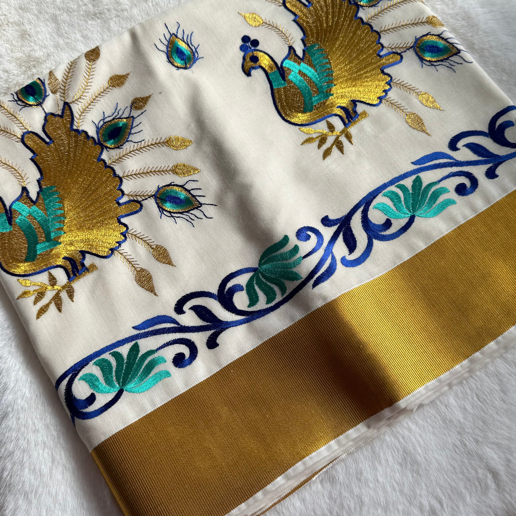 Kerala Cotton  Onam Saree with Golden Peacock Embroidery & Kasavu Border – Traditional Festive Wear S110