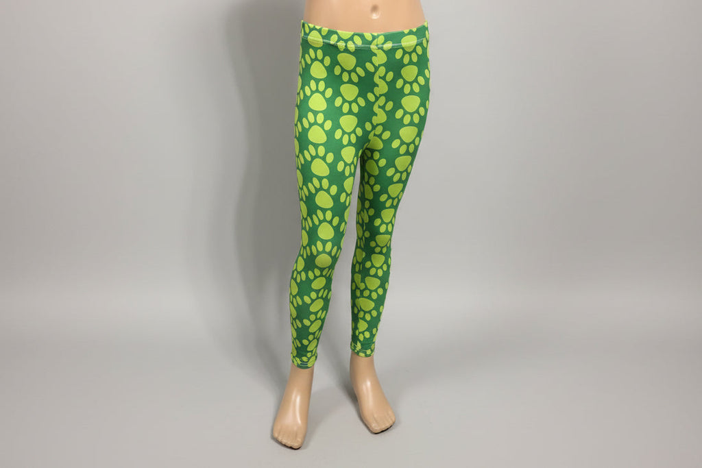 Girls green pawprint design full length leggings