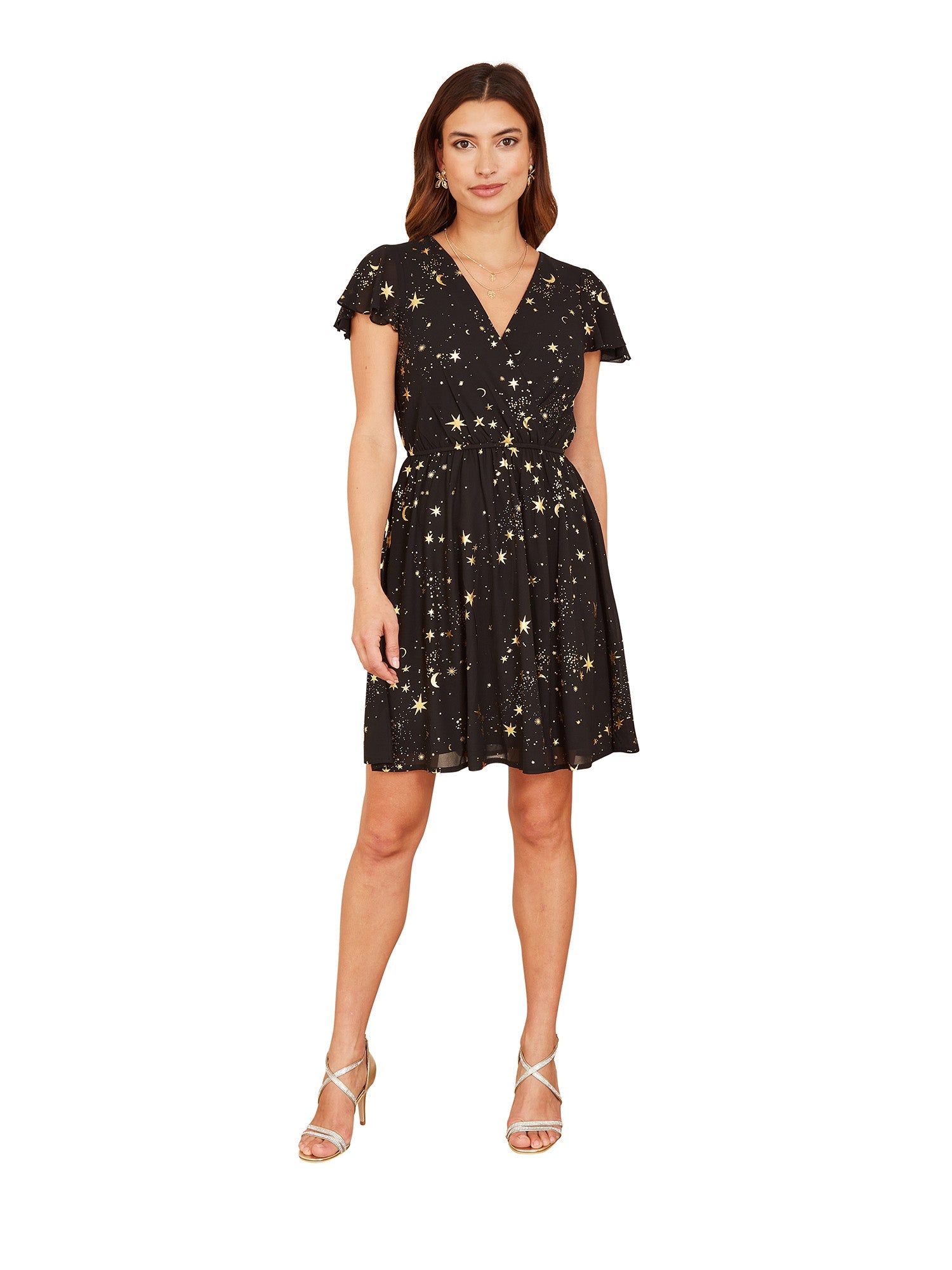 Mela Black Foil Star Print Wrap Skater Dress