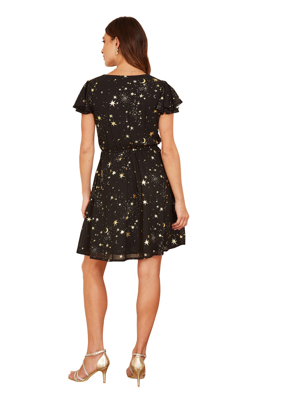 Mela Black Foil Star Print Wrap Skater Dress