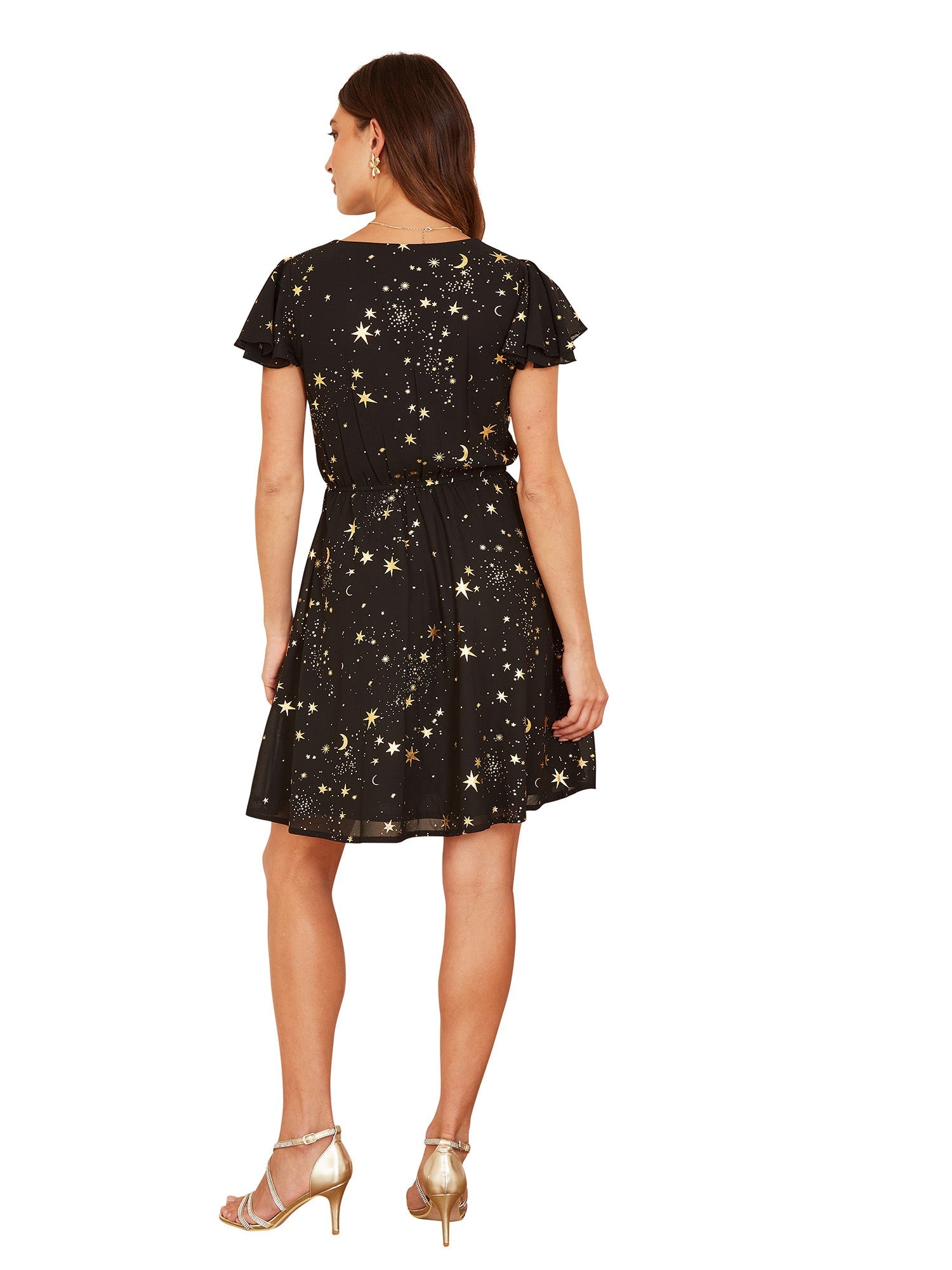 Mela Black Foil Star Print Wrap Skater Dress