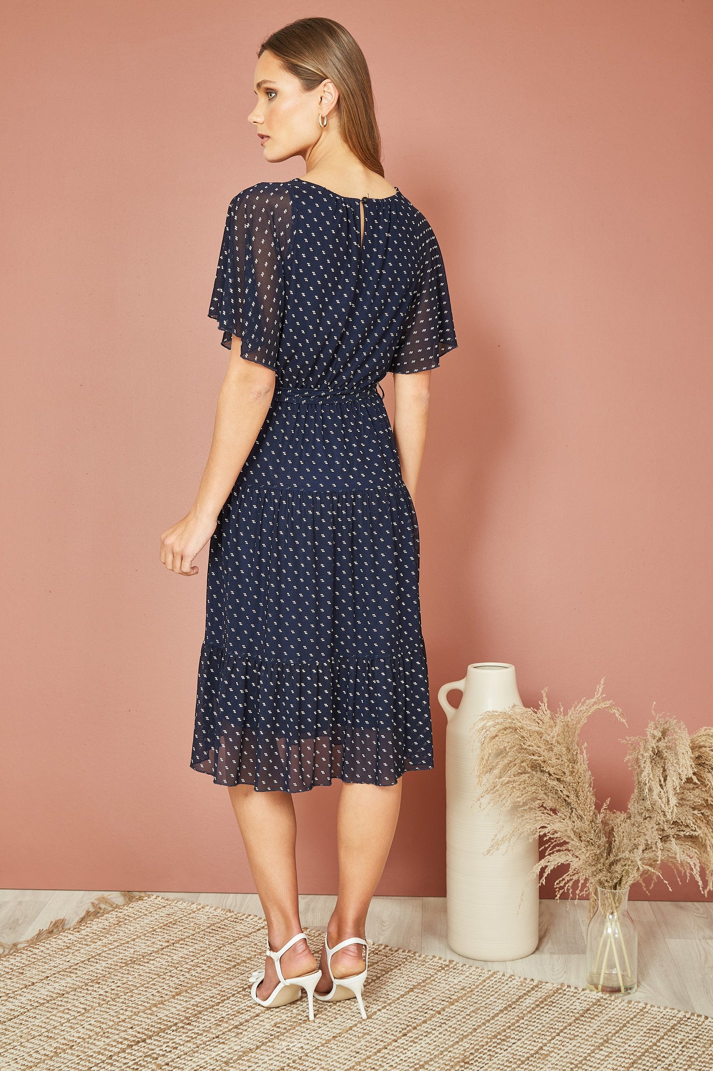 Yumi Navy Dot Print Mesh Stretch Midi Skater Dress