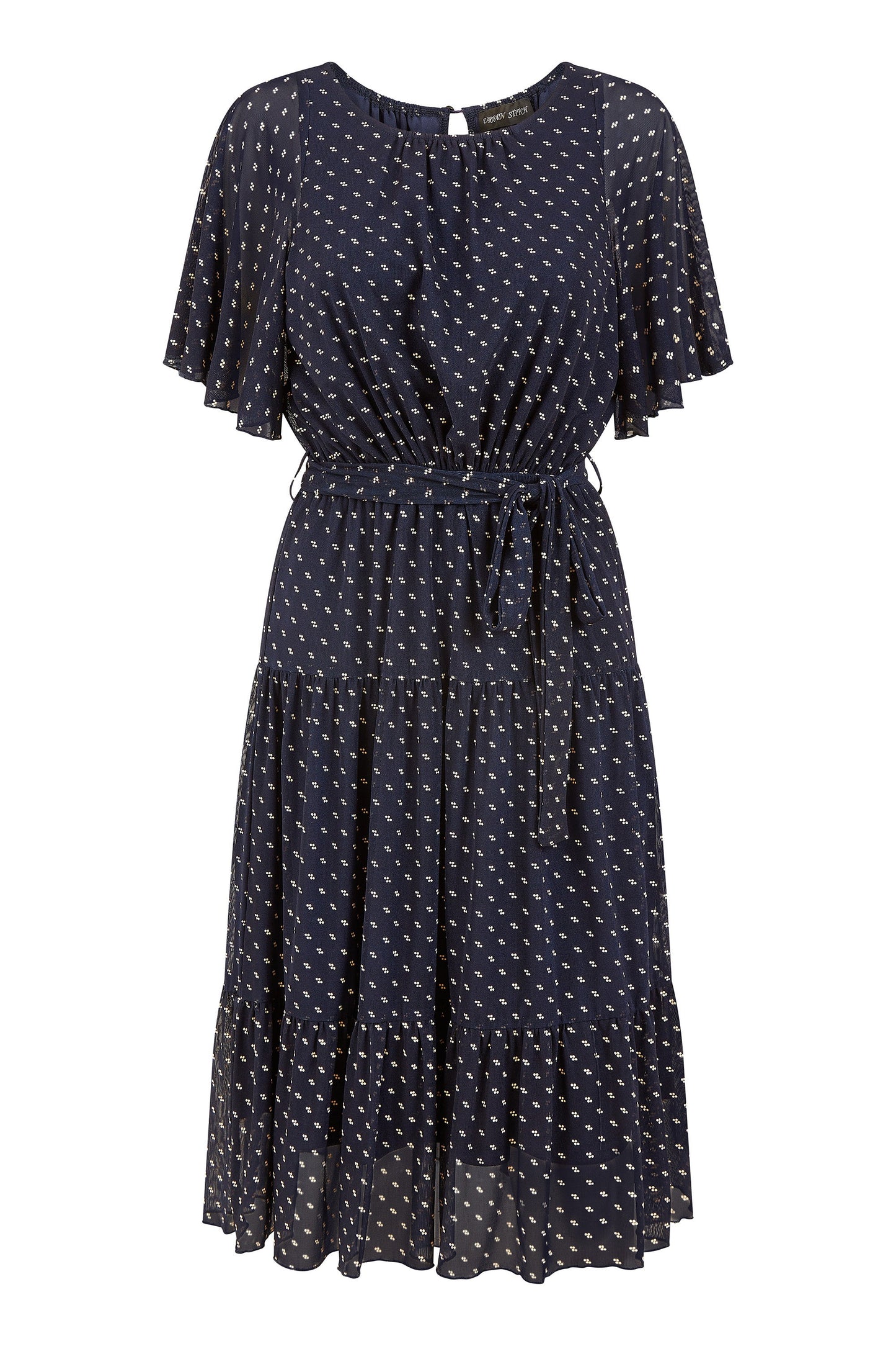Yumi Navy Dot Print Mesh Stretch Midi Skater Dress