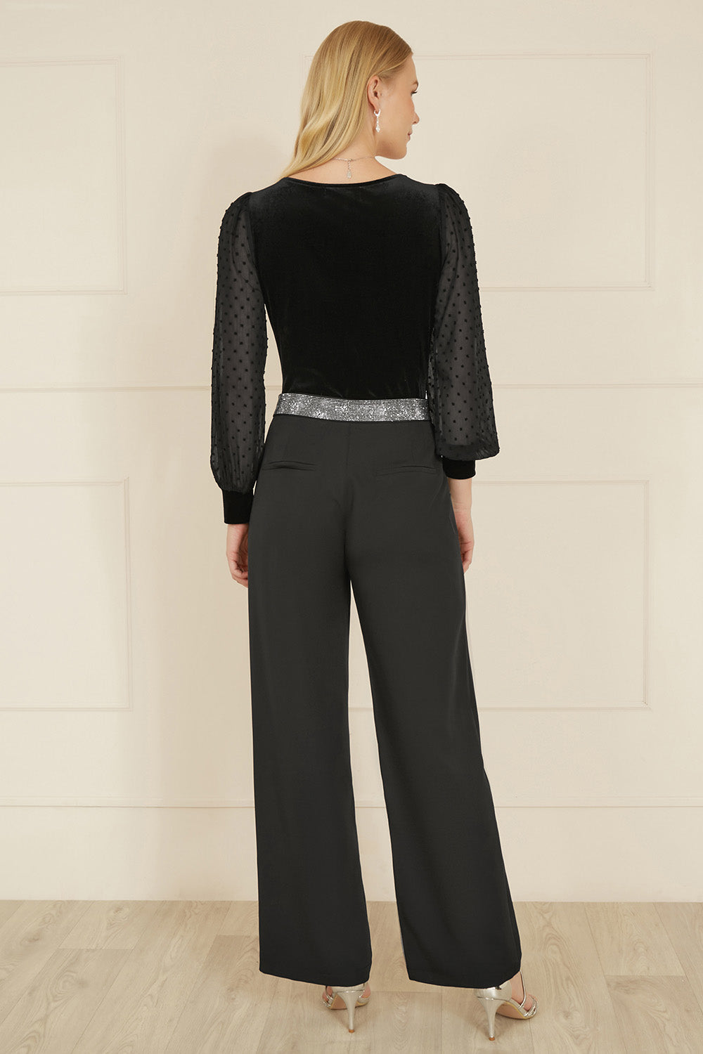 Mela Black Velvet Bodysuit With Sheer Sleeves And Square Neckline