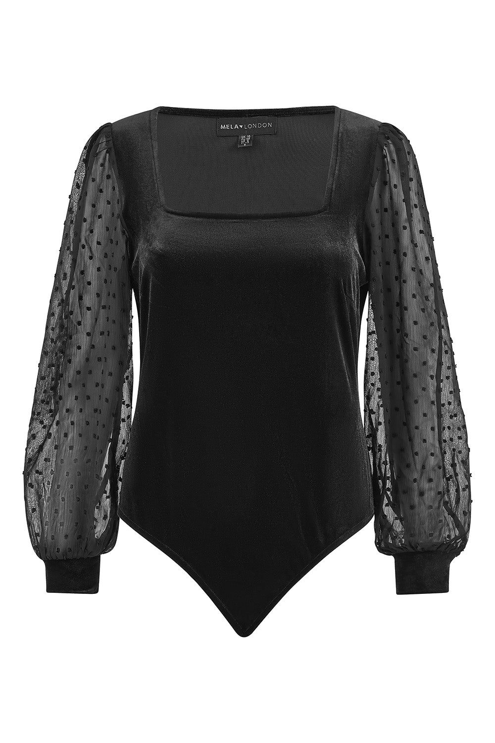 Mela Black Velvet Bodysuit With Sheer Sleeves And Square Neckline