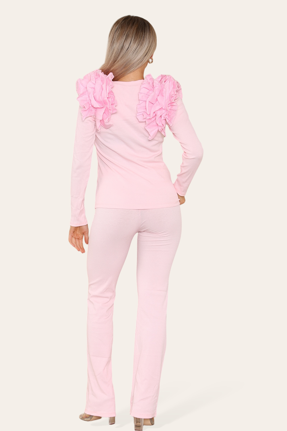 Ruffle Frill Shoulder Ribbed Loungewear Co-Ord Top & Trouser Set