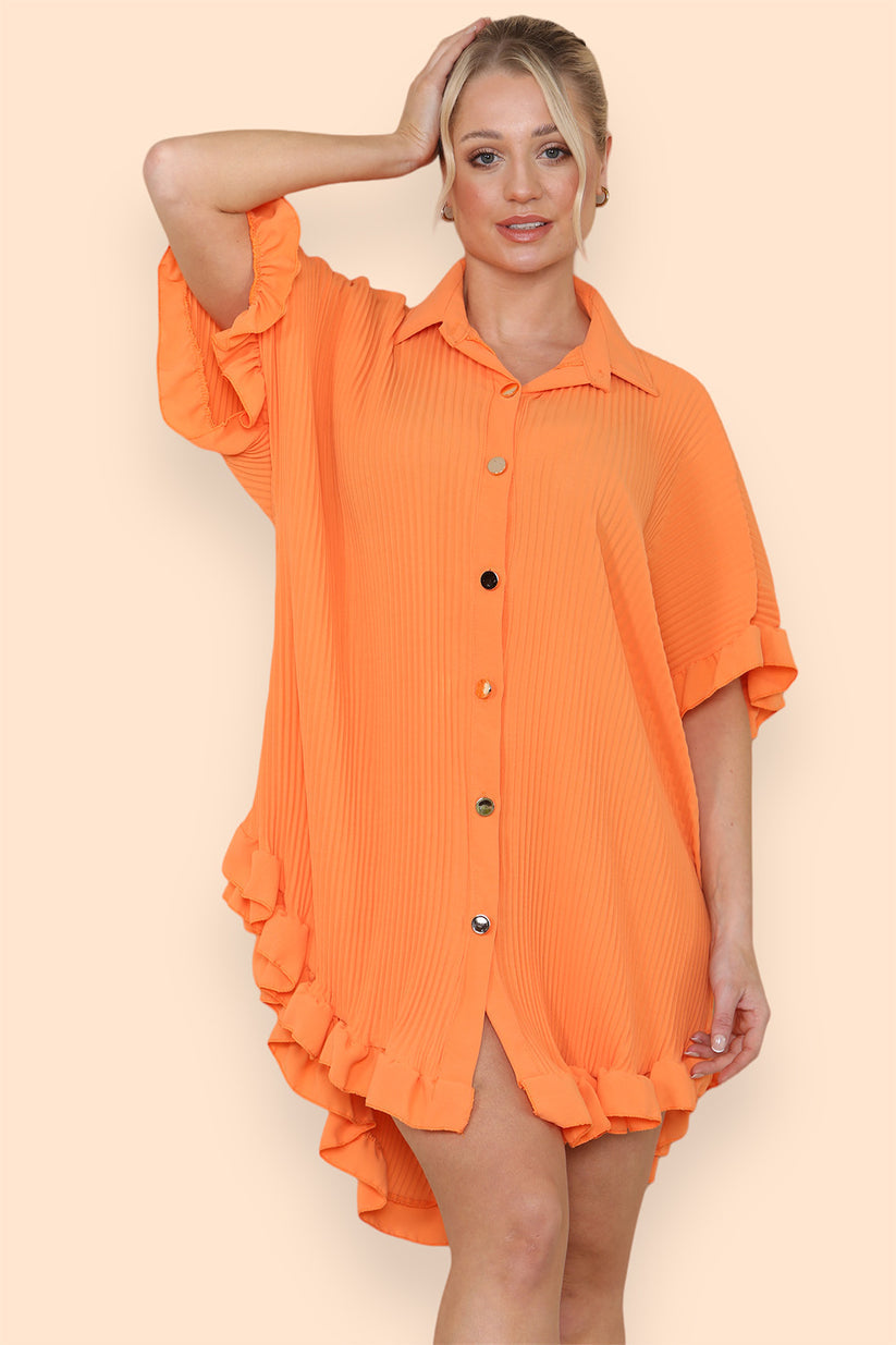 Over Sized Italian Gold Button Pleated Frill Ruffle TikTok Dress Top