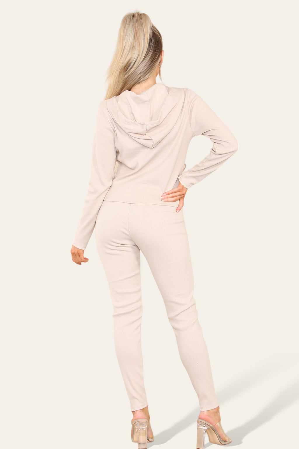Front Pocket Zip Suit Ribbed Hooded Lounge Wear Set