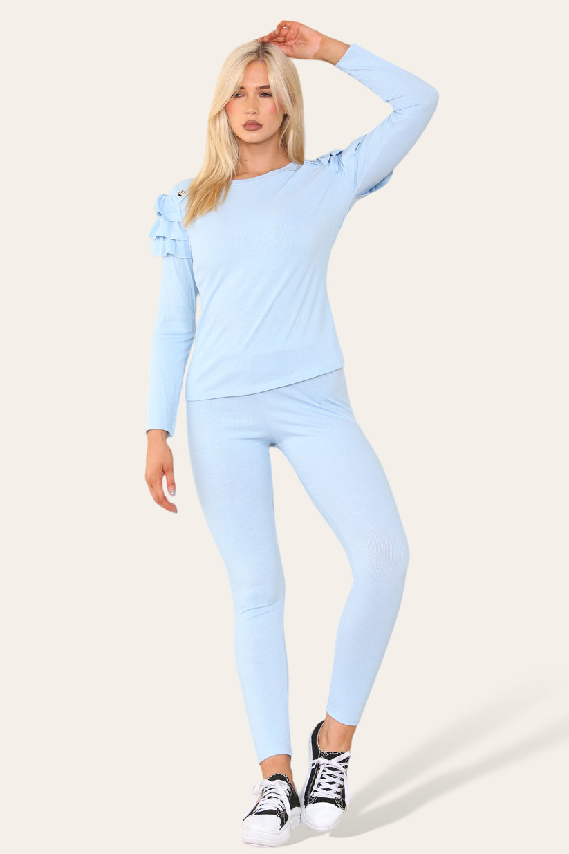 Frilled Sleeves Set Shoulder Golden Button Lounge Wear Suit