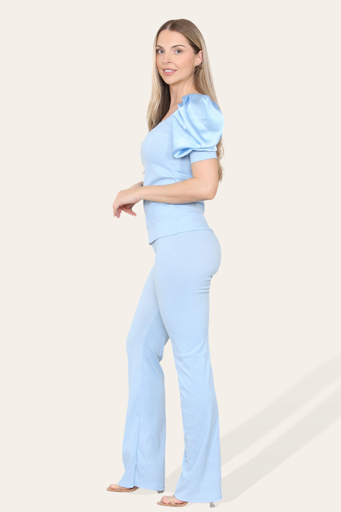 Silky Satin Puff Sleeves Ribbed Lounge Set
