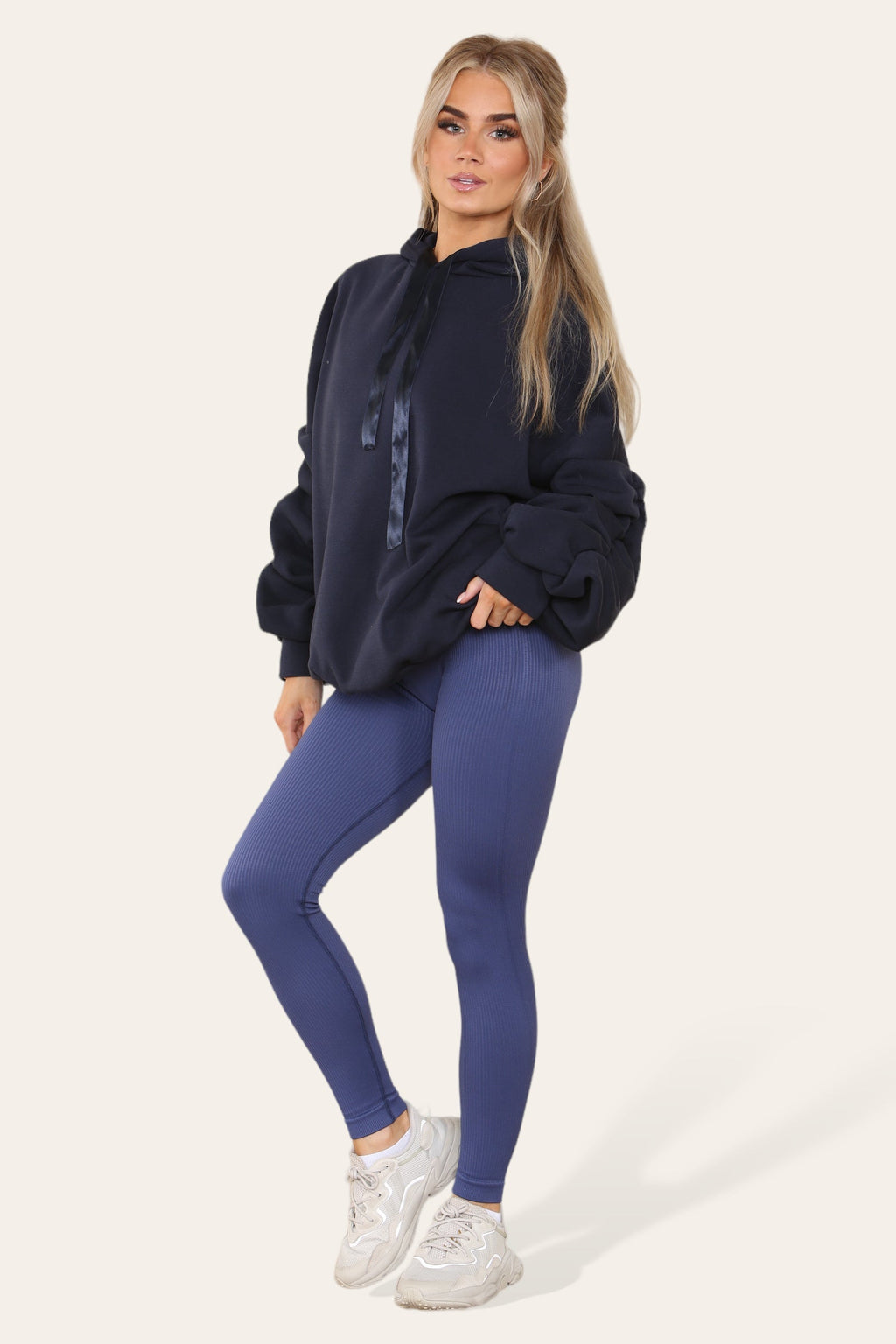Oversized Ruched Sleeves Hoodie With Satin Ribbon