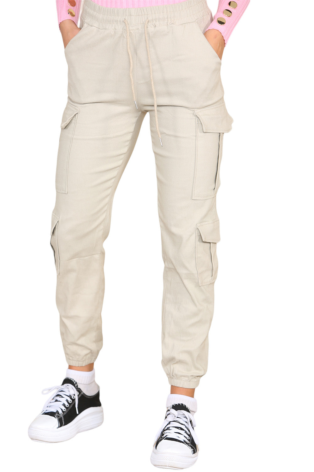 Cargo Pockets Pants Women High Waist Cropped Slim Fit Trouser