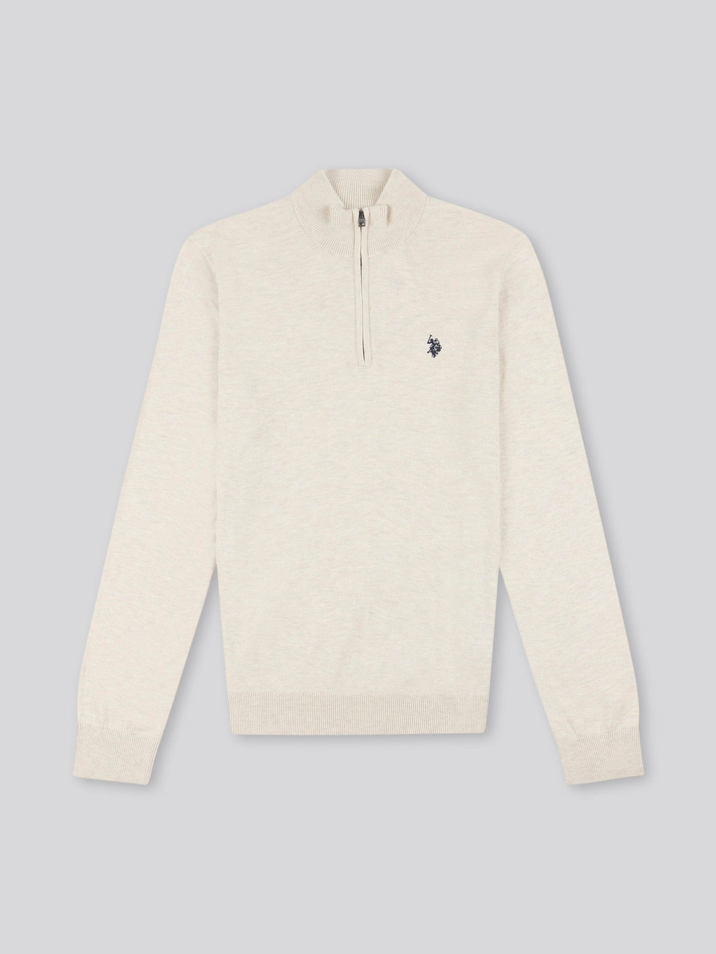 Mens Cotton Funnel Neck 1/4 Zip Knit in Birch Marl