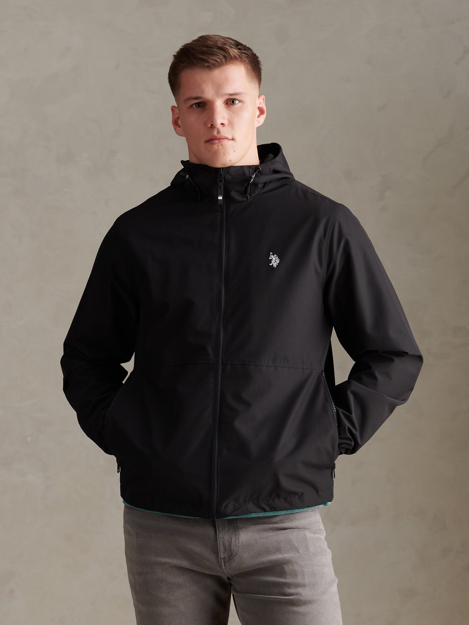 Mens Hooded Windbreaker Black Bright White DHM