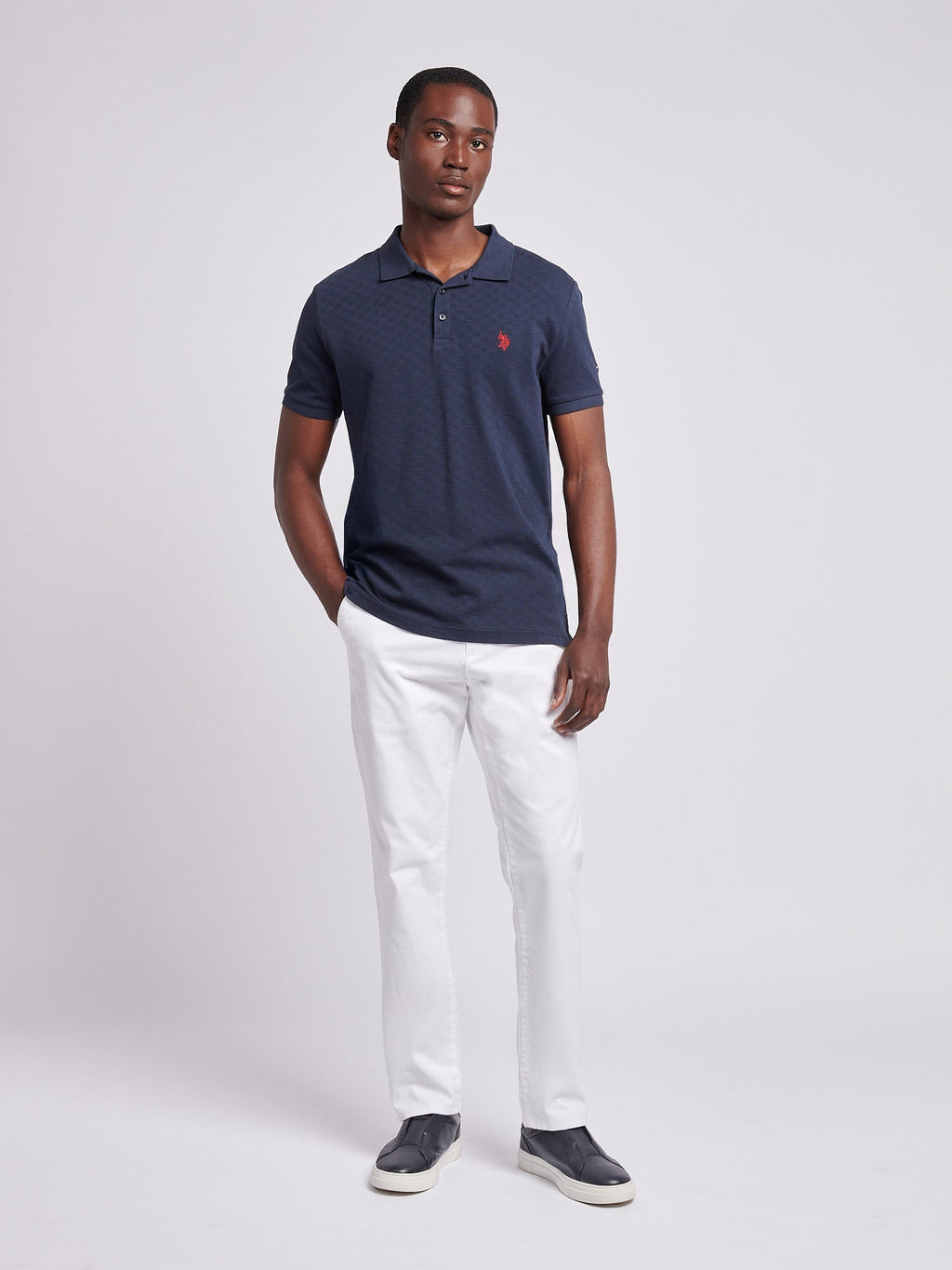 Mens Check Texture Polo Shirt in Dark Sapphire Navy / Haute Red DHM