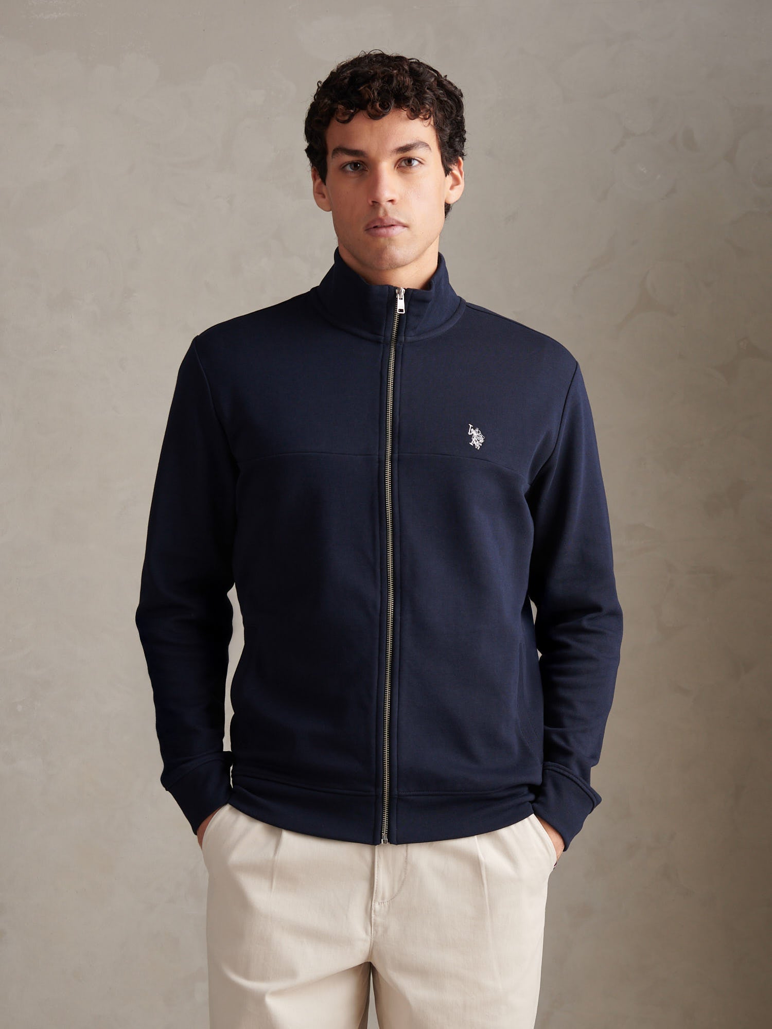 Mens Luxe Double Horsemen Zip Through Funnel Sweatshirt Dark Sapphire Navy / White DHM