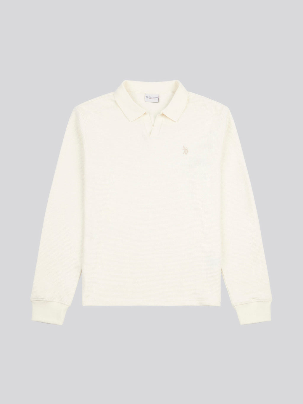 Mens Waffle Texture Open Collar Long Sleeve Polo Shirt in Whisper White