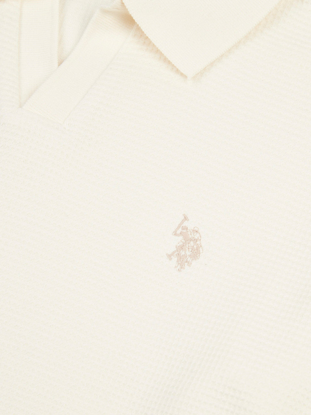 Mens Waffle Texture Open Collar Long Sleeve Polo Shirt in Whisper White