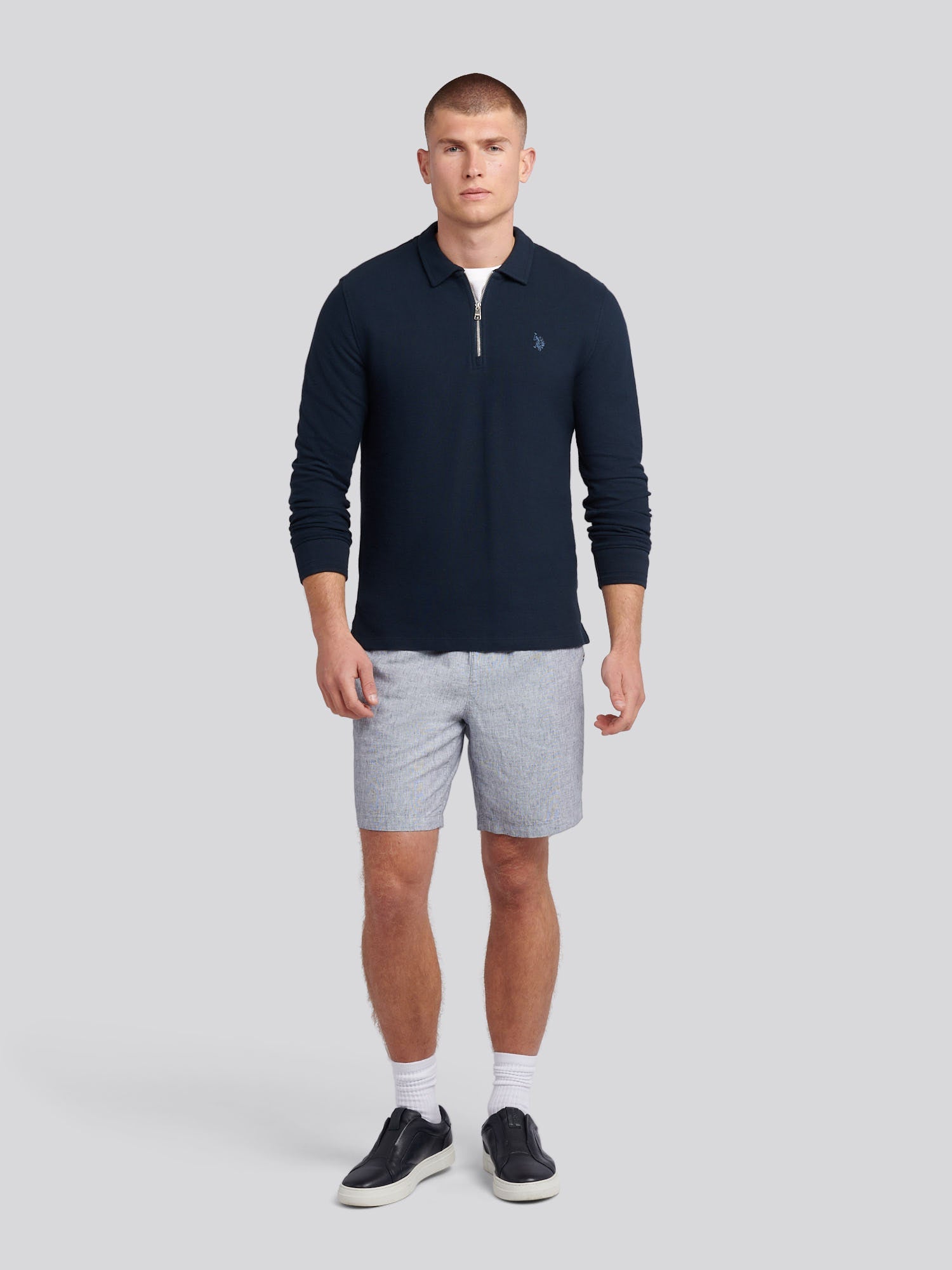 Mens Flat Pile Long Sleeve Polo Shirt in Dark Sapphire Navy / Moonlight Blue DHM