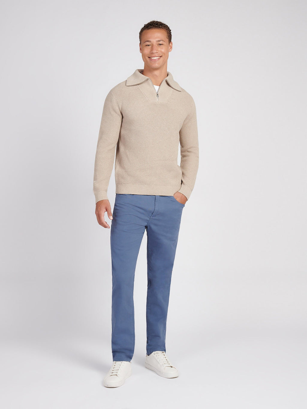 Mens Half Cardigan Stitch Knit Funnel in Atmosphere Marl