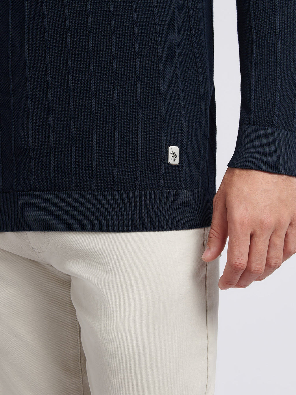Mens Vertical Texture Stripe Knit Long Sleeve Polo Shirt in Dark Sapphire Navy