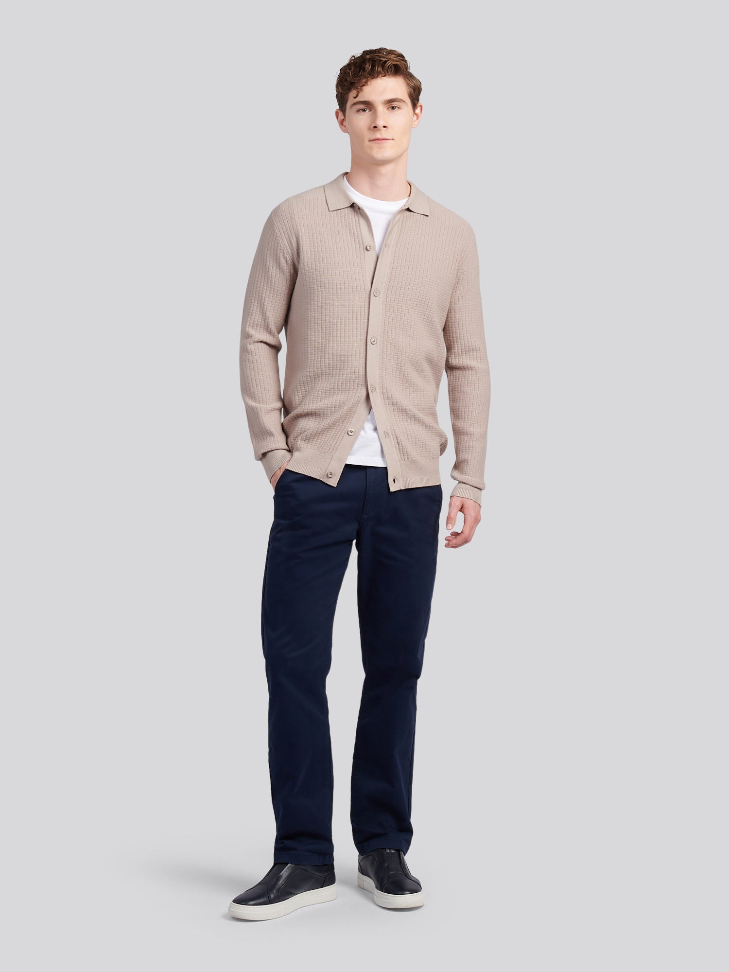 Mens Check Texture Button Thru Long Sleeve Polo Shirt in Atmosphere
