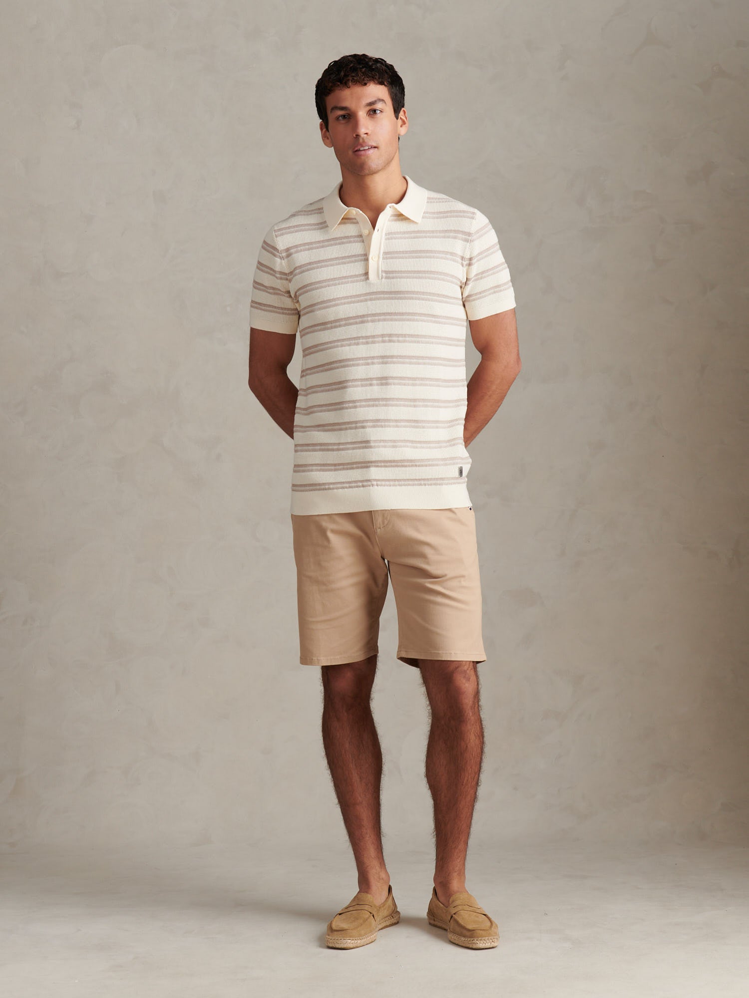 Mens Stripe Open Knit Polo Shirt Whisper White