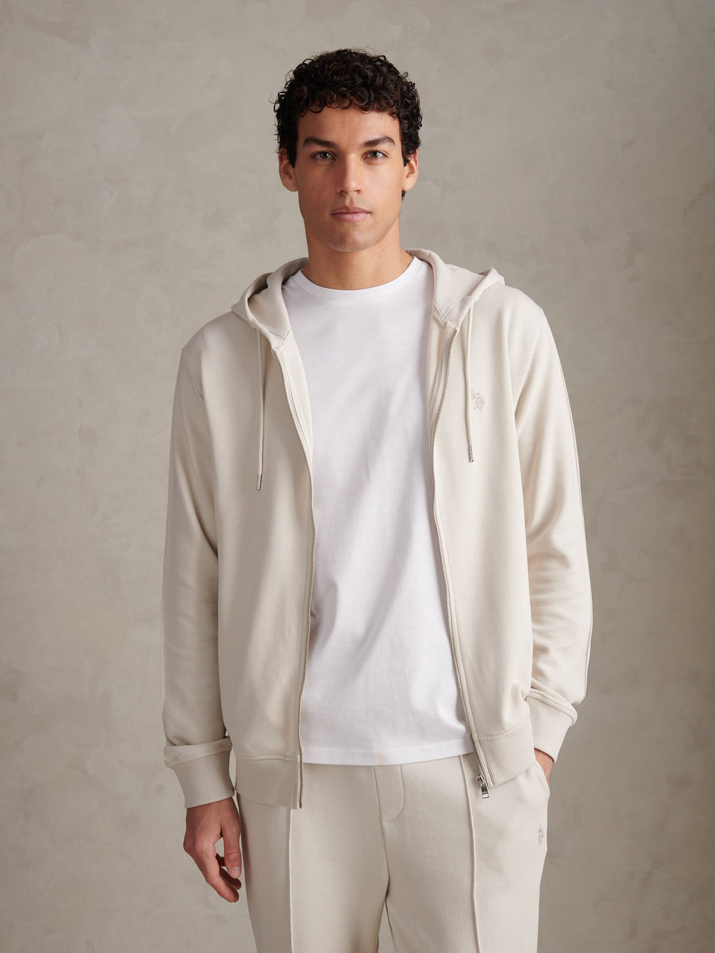 Mens Double Horsemen Interlock Zip Hoodie Beige
