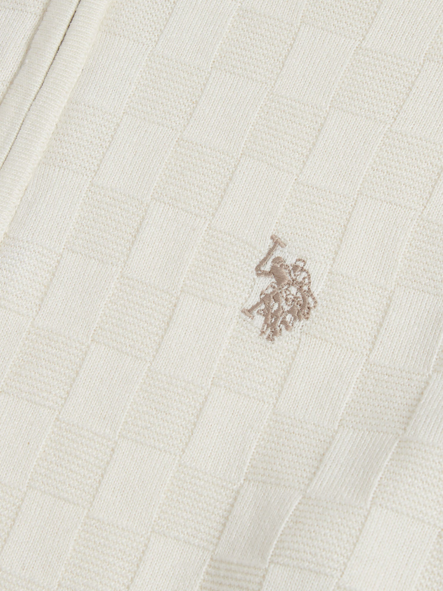Mens Large Check Knit Quarter Zip Funnel Jumper Whisper White