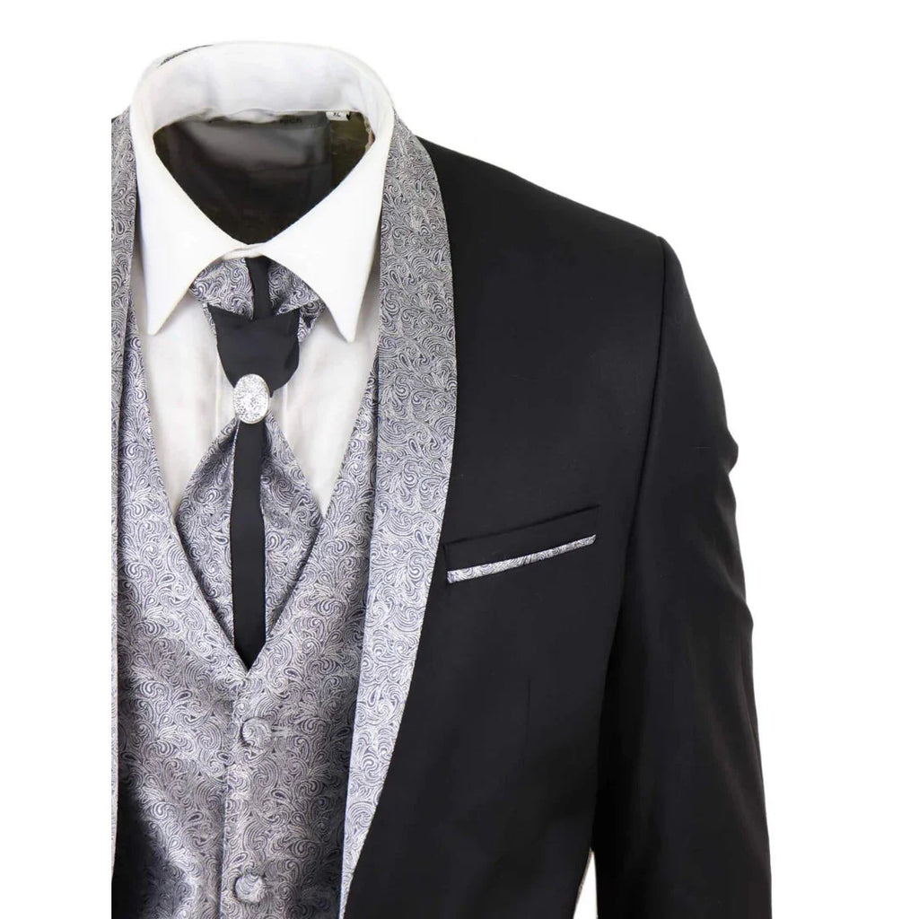 Sal-Yaica - Men's 4 Piece Wedding Suit Groom Shawl Collar Black Silver Cravat