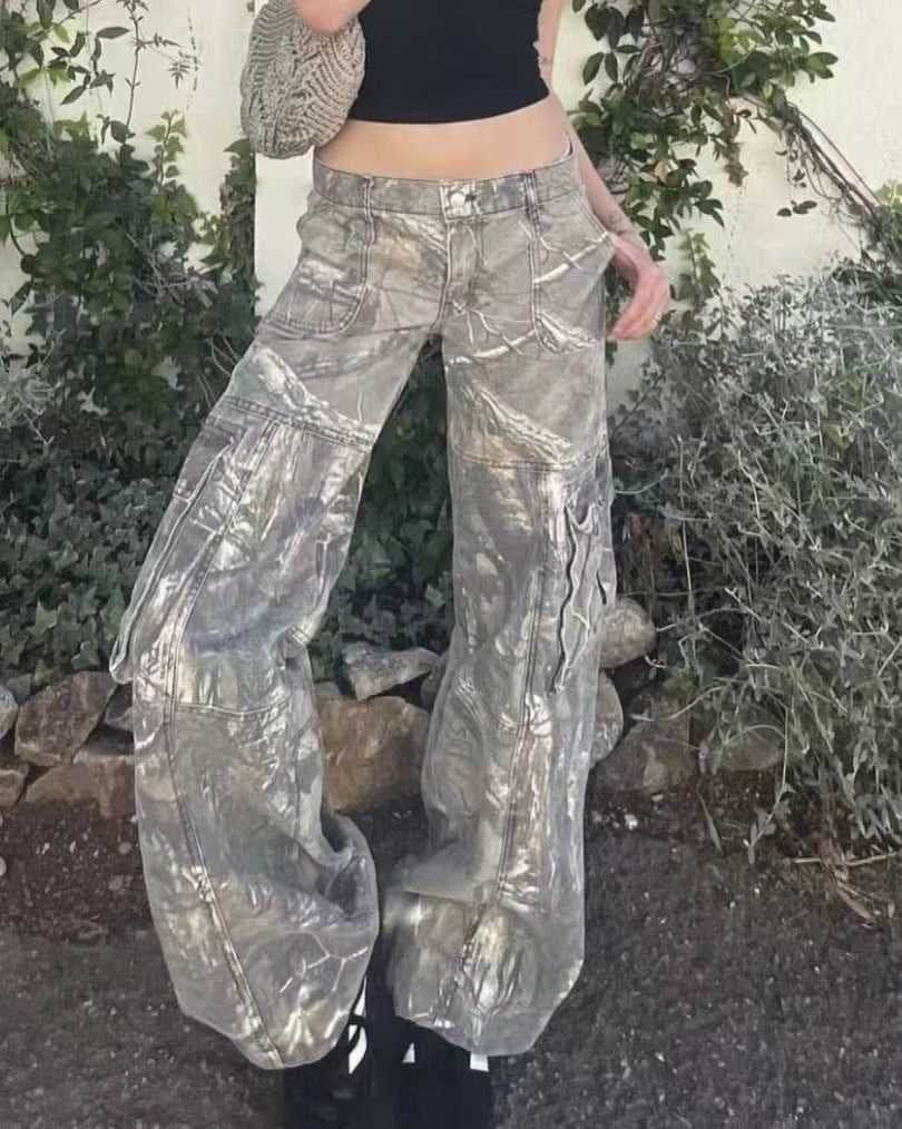 Europe And The United States Cross-border New Autumn Overalls Hot Girl Camouflage Pants Straight Loose Low Waist Pocket Jeans Women's H