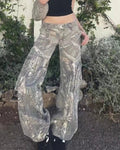 Europe And The United States Cross-border New Autumn Overalls Hot Girl Camouflage Pants Straight Loose Low Waist Pocket Jeans Women's H