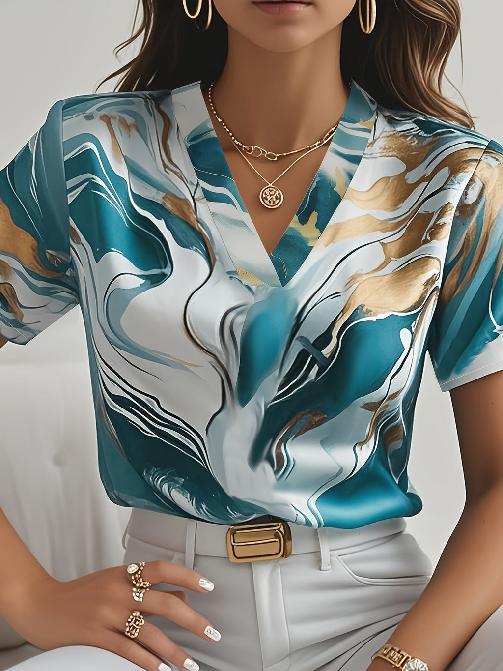 Geometric Pattern V-neck Commuter's All-matching Short Sleeve Shirt