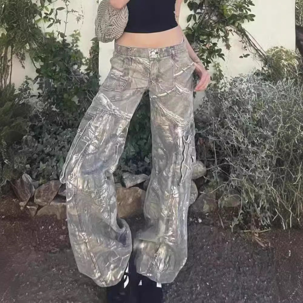 Europe And The United States Cross-border New Autumn Overalls Hot Girl Camouflage Pants Straight Loose Low Waist Pocket Jeans Women's H