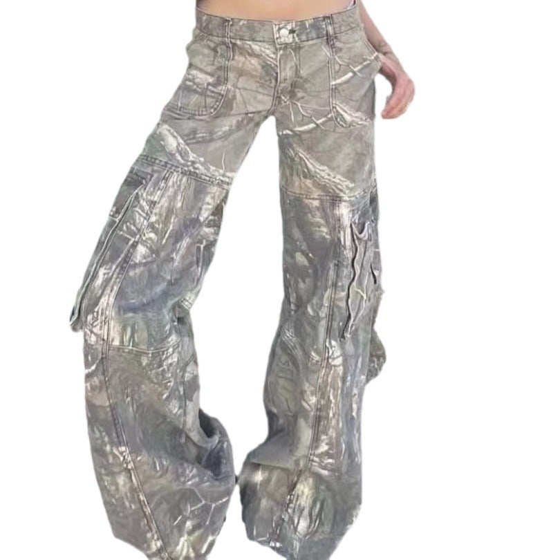 Europe And The United States Cross-border New Autumn Overalls Hot Girl Camouflage Pants Straight Loose Low Waist Pocket Jeans Women's H