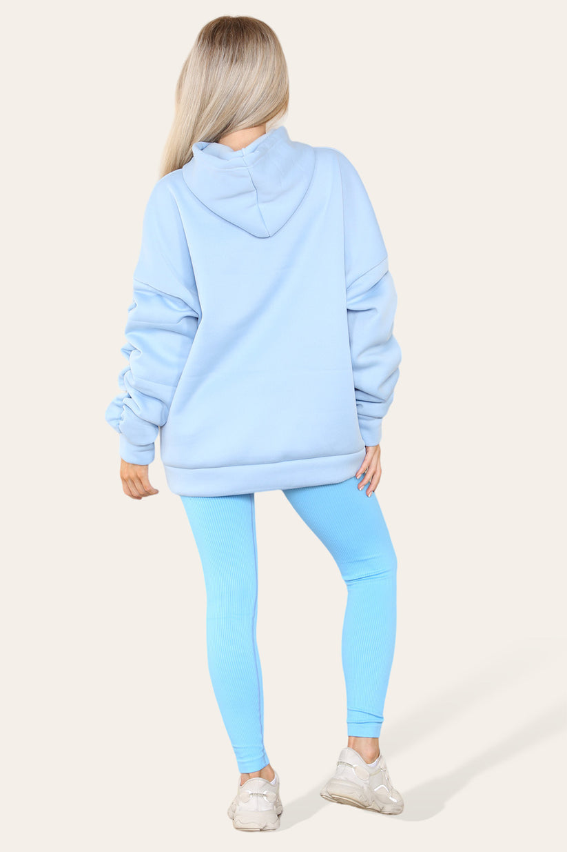 Plus Size Ruched Sleeves Hoodie With Satin Ribbon
